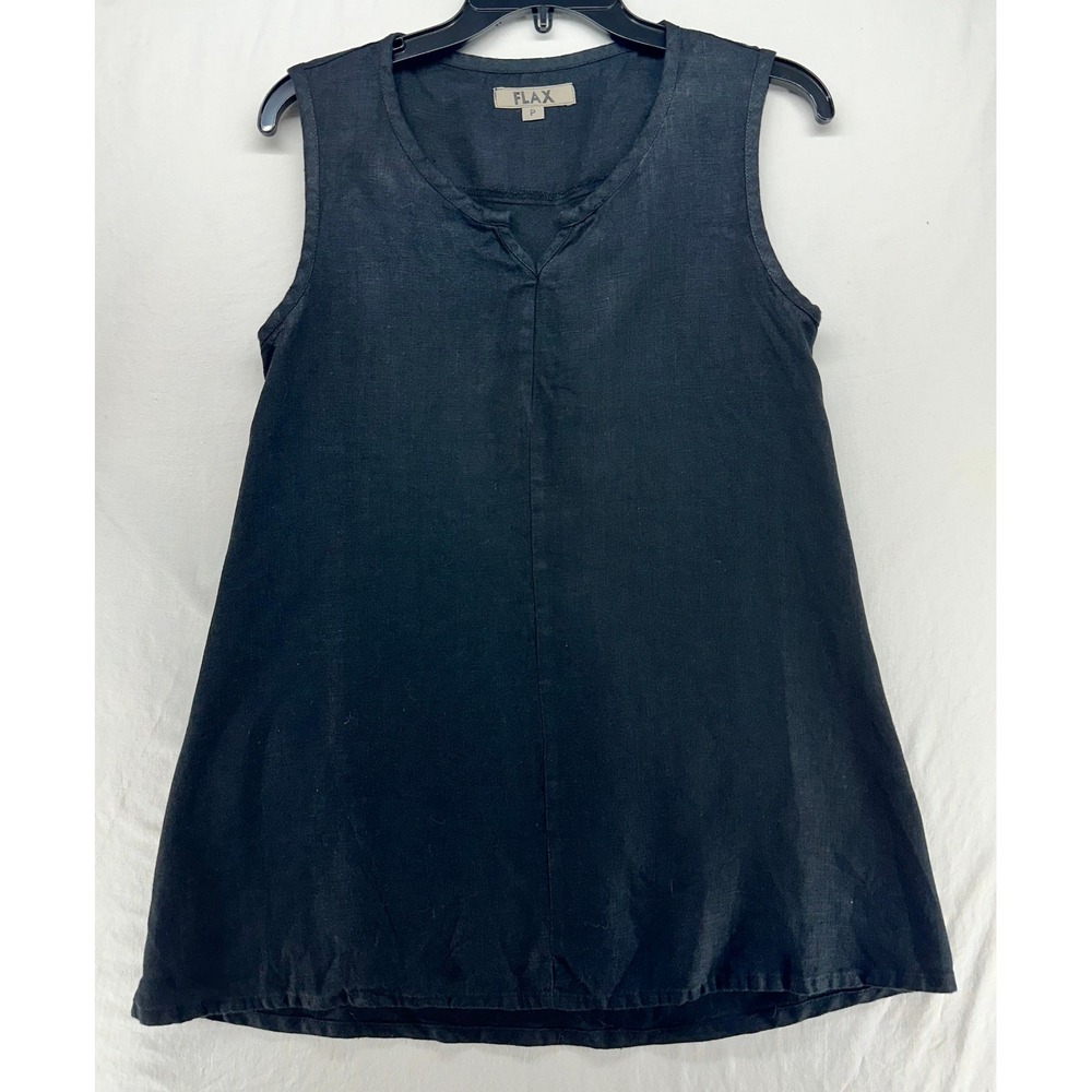 FLAX Women Black 100% Linen Sleeveless Split Neck A-Line Tunic Top Size 4-6 P